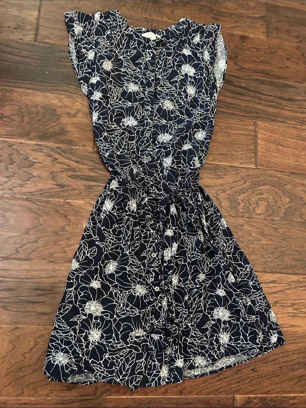 LOFT Outlet Button Front Navy Floral Tie-Waist Dress with Cap sleeves